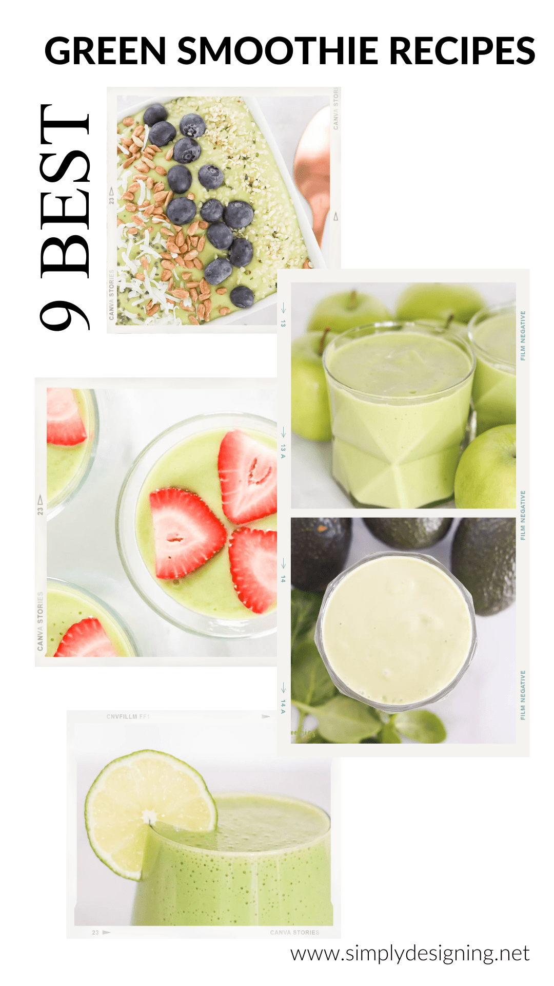 Collage Of Five Green Smoothies With Text That Says 9 Best Green Smoothie Recipes